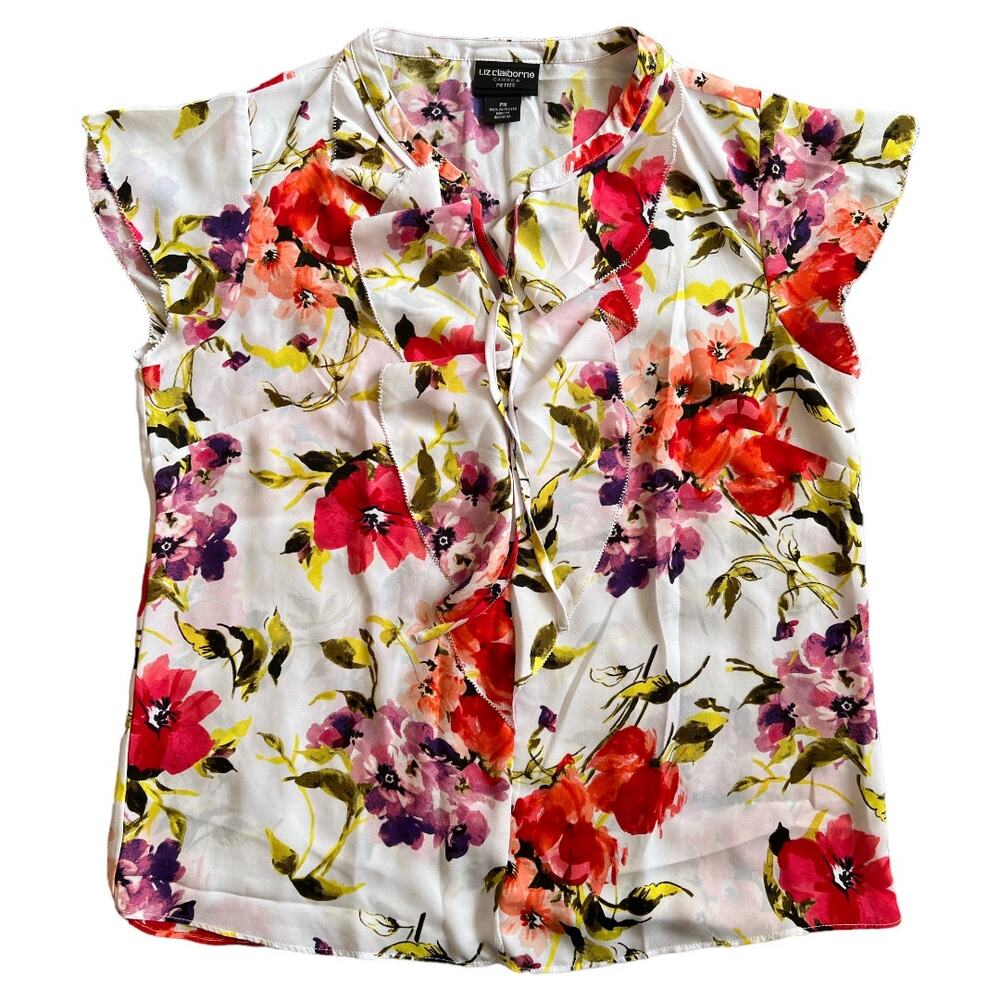 LIZ CLAIBORNE White Floral Career Petite Cap Sleeve Ruffle Front Top, Size PM
